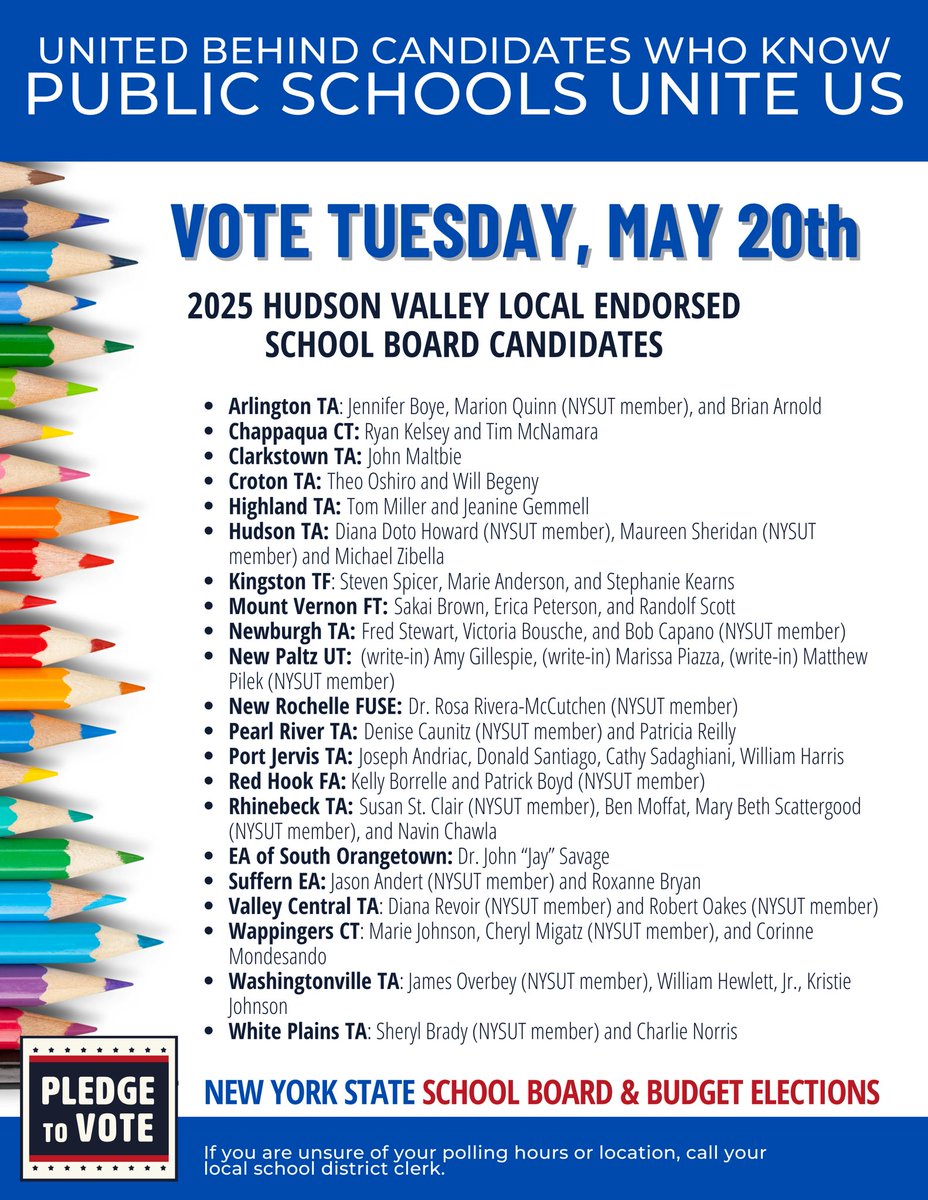 School Budget votes and Board elections will be held on Tuesday, May 20th! Please check with your school district clerk for hours and polling locations. And remember to support union-backed School Board candidates! 🗳️🗳️🗳️