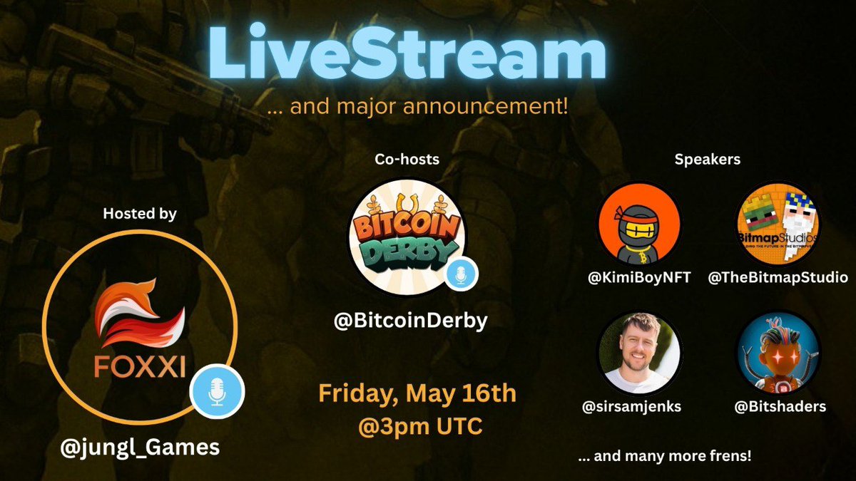 FOXXI | AI AGENTS METAVERSE (@foxxiofficial) on Twitter photo 🚨 LiveStream Alert🚨
Tomorrow (Friday) 3PM UTC
Hosted by
<a href="/BitcoinDerby/">Bitcoin Derby</a> and Foxxi
Reason: We're revealing J___L to the world!
New era of web3 gaming and AI starting! 🎮🤖
Besides major updates from <a href="/BitcoinDerby/">Bitcoin Derby</a> and Foxxi you can expect alpha from:
<a href="/CofferNetwork/">CofferNetwork 🪄 CoBTC ©</a> 🚨 LiveStream Alert🚨
Tomorrow (Friday) 3PM UTC
Hosted by
<a href="/BitcoinDerby/">Bitcoin Derby</a> and Foxxi
Reason: We're revealing J___L to the world!
New era of web3 gaming and AI starting! 🎮🤖
Besides major updates from <a href="/BitcoinDerby/">Bitcoin Derby</a> and Foxxi you can expect alpha from:
<a href="/CofferNetwork/">CofferNetwork 🪄 CoBTC ©</a>