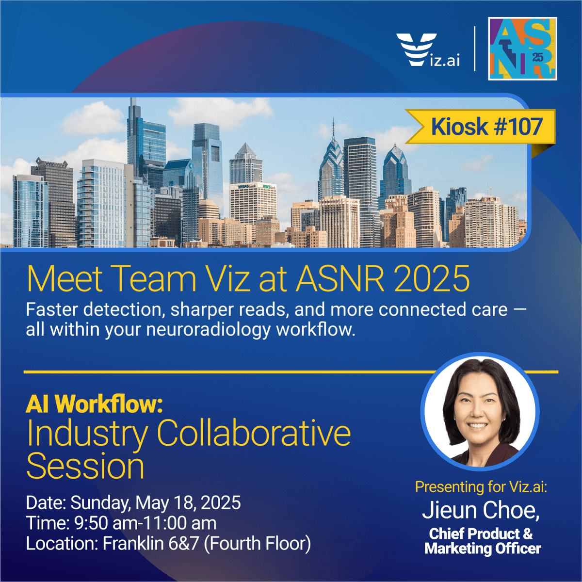 📢 Don’t miss it! <a href="/jieunwc/">jieunwc</a> will be speaking on the “AI Workflow” Industry Collaborative Session at #ASNR25! 

🗓 Sunday, May 18 | ⏰ 9:50–11:00 AM

Meet us there --&gt; viz-ai.chilipiper.com/book/me/team-v…