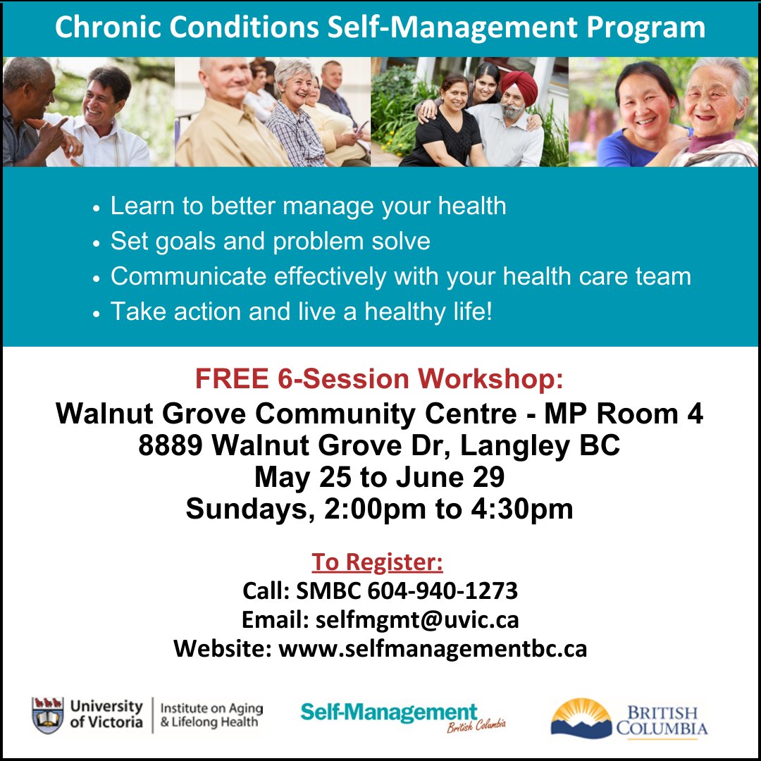 We have a few spots available for our Chronic Conditions workshop in Langley. Register today to reserve your seat! selfmanagementbc.ca