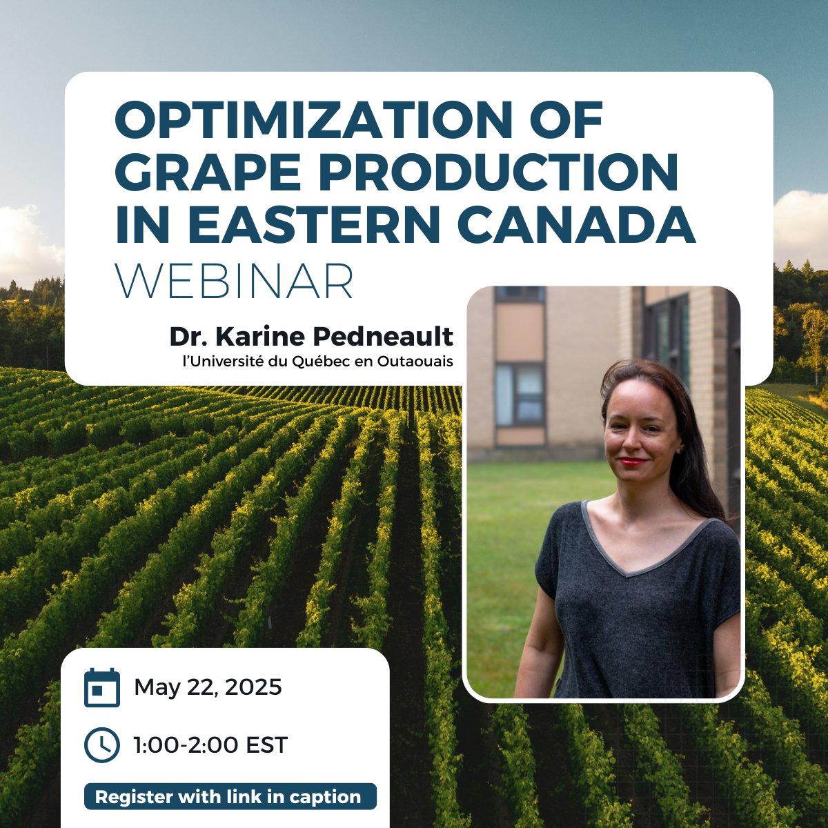 Join Dr. Karine Pedneault on May 22 for insights from Activity 9 of the CAP Cluster on cool-climate grape production.
📍 Zoom | 1 PM ET
Joignez-vous à la Dre Karine Pedneault le 22 mai pour parler production de raisin en climat froid.
📝 Inscription ➡️ us06web.zoom.us/webinar/regist…