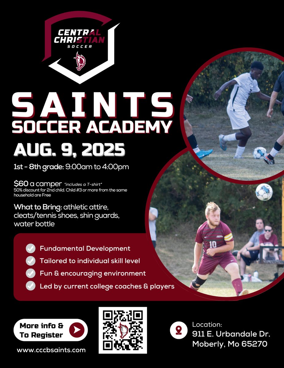 CCCB Athletics is excited to offer Summer Sports Camps!
🏀 Basketball
🏐 Volleyball
⚽ Soccer

📅 Dates, times, and registration info available at cccbsaints.com/central-sports…

#TorchesUp🔥