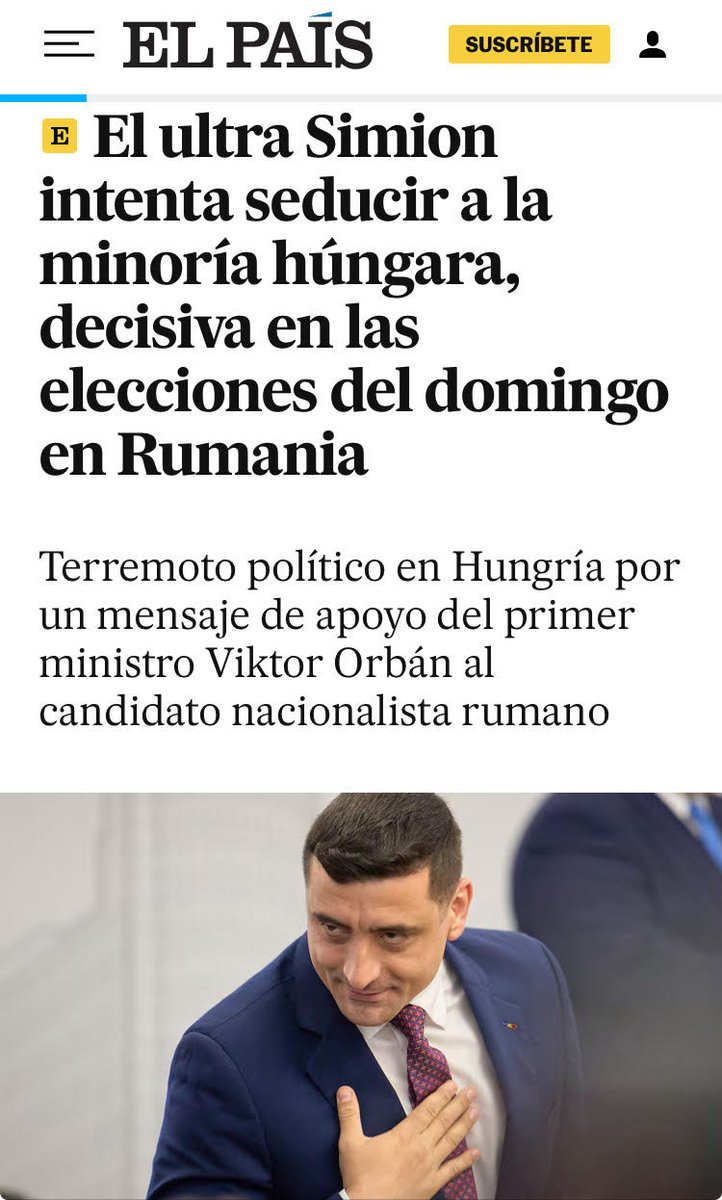 Policy Solutions (@pol_solutionshu) on Twitter photo Far-right candidate Simion tries to reach out to the Hungarian minority at the Romanian presidential elections with a supportive message by Orbán.
<a href="/el_pais/">EL PAÍS</a> article with comments by <a href="/Pol_SolutionsHU/">Policy Solutions</a> director <a href="/BiroNagyAndras/">András Bíró-Nagy</a> on the Hungarian context: elpais.com/internacional/… Far-right candidate Simion tries to reach out to the Hungarian minority at the Romanian presidential elections with a supportive message by Orbán.
<a href="/el_pais/">EL PAÍS</a> article with comments by <a href="/Pol_SolutionsHU/">Policy Solutions</a> director <a href="/BiroNagyAndras/">András Bíró-Nagy</a> on the Hungarian context: elpais.com/internacional/…