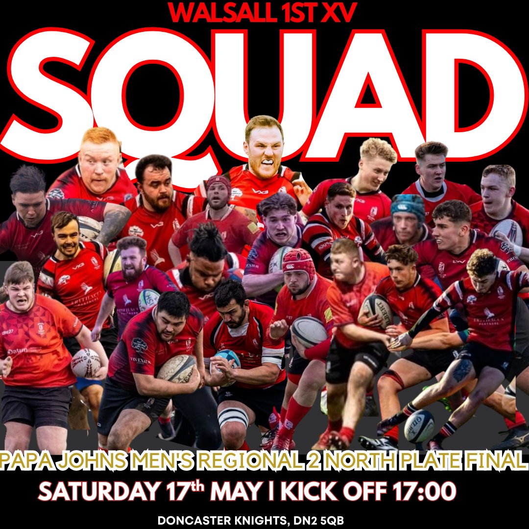 WalsallRFC's tweet photo. Here is your 1st XV who will play against West Bridgford in the Papa Johns Final on Saturday.
This will be the 3rd time our 2 teams have met this season &amp; with silverware at stake we're sure it'll be another hard-fought match.
Match kicks off at 5pm at Doncaster Knights RFC... https://t.co/F8MaoF4Jki