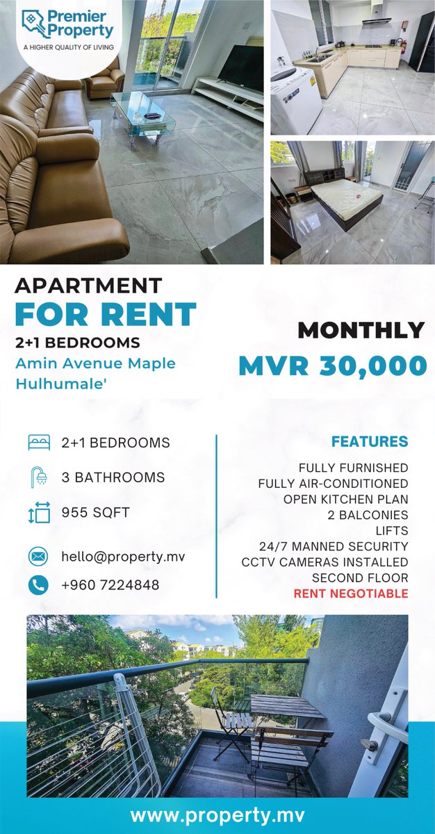 🏡 2+1 bedroom apartment in Amin Avenue Maple, Hulhumale’.

Floor Area: 955 sqft
Rent: MVR 30,000/Month (Negotiable)
Security Deposit: 2 months

Lease Term: Minimum of 2 years

This recently renovated unit has an open kitchen plan with a laundry area, provides excellent