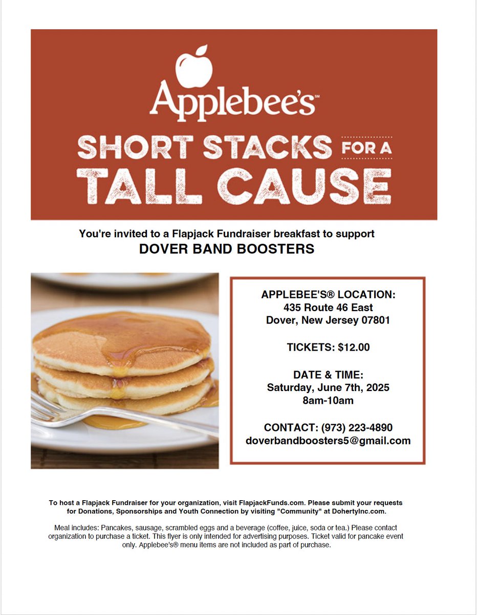 Join us for a delicious Pancake Breakfast at the Dover Applebee's at 435 Rt. 46 east on Saturday 6/7 from 8:00am-10:10am and help SUPPORT THE DOVER HIGH SCHOOL BAND!!! Tickets are only $12!!! Thank you!!
<a href="/LJaime13/">Luis A. Jaime</a>
<a href="/TigerQuinones/">Hector Quinones</a>
<a href="/PublicDover/">Dover Public Schools</a>
<a href="/DoverSepag/">DoverSEPAG</a>
<a href="/DoverHSNJ/">Dover High School</a>
<a href="/DoverGuidance/">Dover High School Guidance</a>
