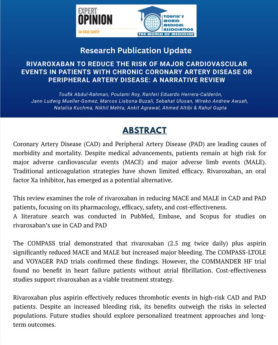 ToufiksMedical's tweet photo. Rivaroxaban: The Unsung Hero for PAD &amp; CAD?
💊 Aspirin alone isn’t enough. This new review dives into the role of dual therapy, Rivaroxaban is in the spotlight! 

Link : https://t.co/J4cxgM60ok 
Huge congratulations to the brilliant team behind this impactful review paper! https://t.co/lnLS62JaBS