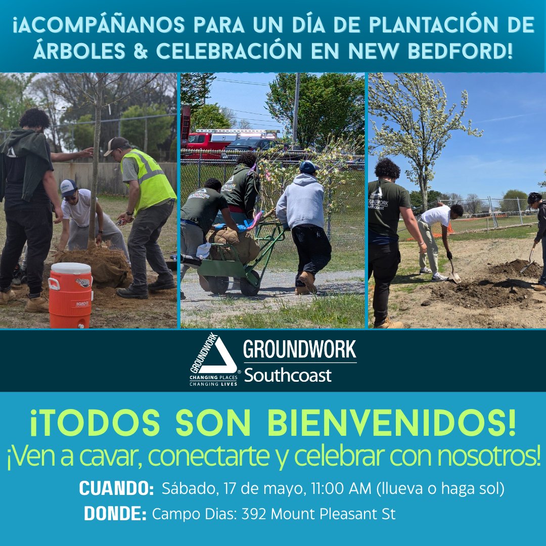 ¡Este sábado! 🌳 Únete a nosotros a las 11 AM en el campo Dias para plantar árboles, conectar con la comunidad y celebrar en el North End de New Bedford. 🌱 Actividades para todas las edades. Llueva o truene—¡te esperamos! 📍392 Mount Pleasant St #NewBedford