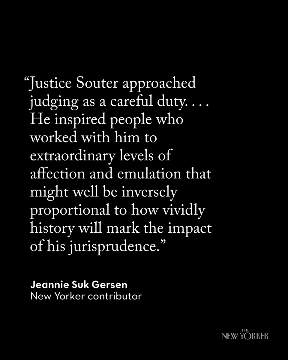 The New Yorker (@newyorker) on Twitter photo Justice David Souter passed away last Thursday, at the age of 85. <a href="/JeannieSGersen/">Jeannie Suk Gersen</a>, who once clerked for Souter, remembers her former mentorâs legacy. nyer.cm/ASIo04p Justice David Souter passed away last Thursday, at the age of 85. <a href="/JeannieSGersen/">Jeannie Suk Gersen</a>, who once clerked for Souter, remembers her former mentorâs legacy. nyer.cm/ASIo04p