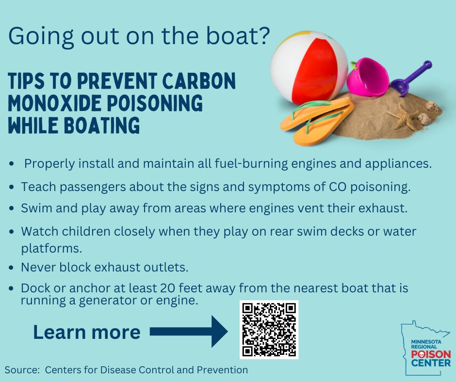 Boating season is here! Gasoline-powered engines on boats, including onboard generators, produce carbon monoxide (CO), a colorless, odorless gas that can be deadly. Check out these #Tips: ⬇️⬇️
Learn more at mnpoison.org/prevention/com…
#COsafety #preventpoison