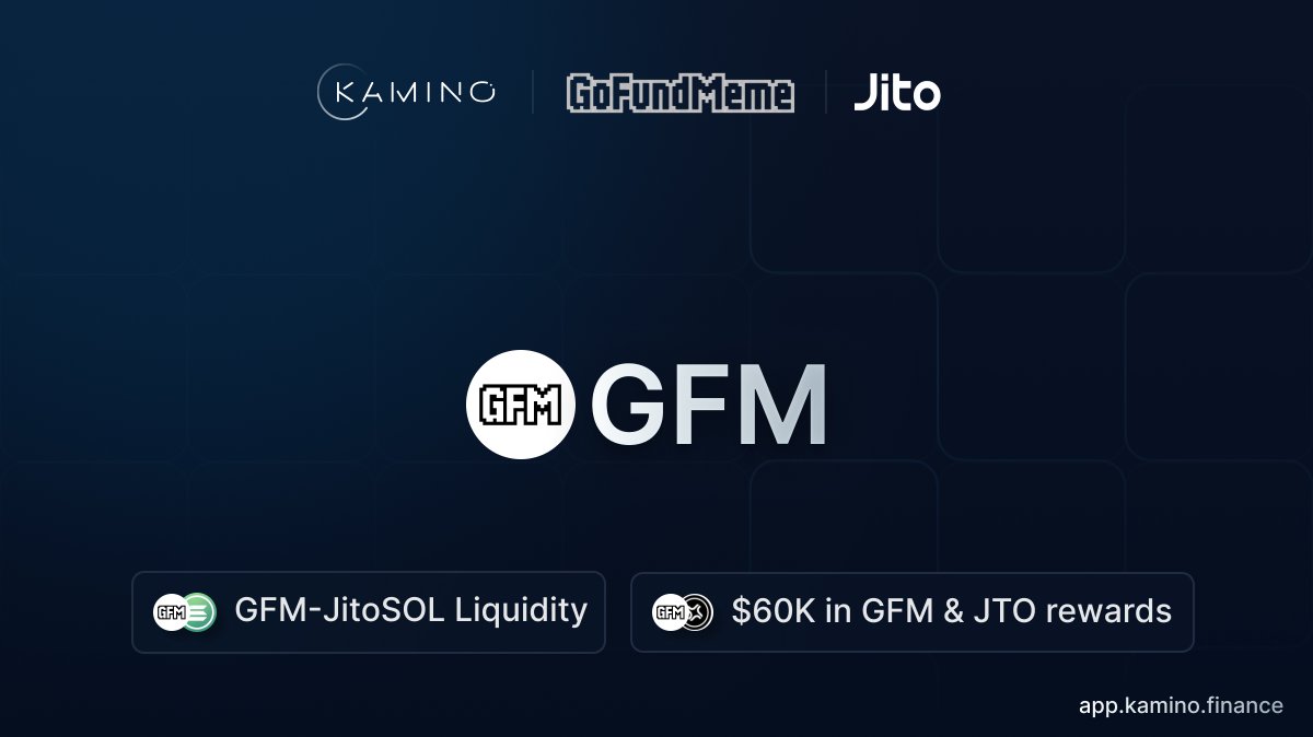 Kamino (@kaminofinance) on Twitter photo The <a href="/GoFundMemes/">GoFundMeme</a> incentive campaign is live on Kamino Liquidity!
Over the upcoming 6 months, the $GFM-$JitoSOL Liquidity Vault will be receiving the following incentives, currently totaling over $60,000
- 2,600,000 $GFM
- 25,000 $JTO The <a href="/GoFundMemes/">GoFundMeme</a> incentive campaign is live on Kamino Liquidity!
Over the upcoming 6 months, the $GFM-$JitoSOL Liquidity Vault will be receiving the following incentives, currently totaling over $60,000
- 2,600,000 $GFM
- 25,000 $JTO