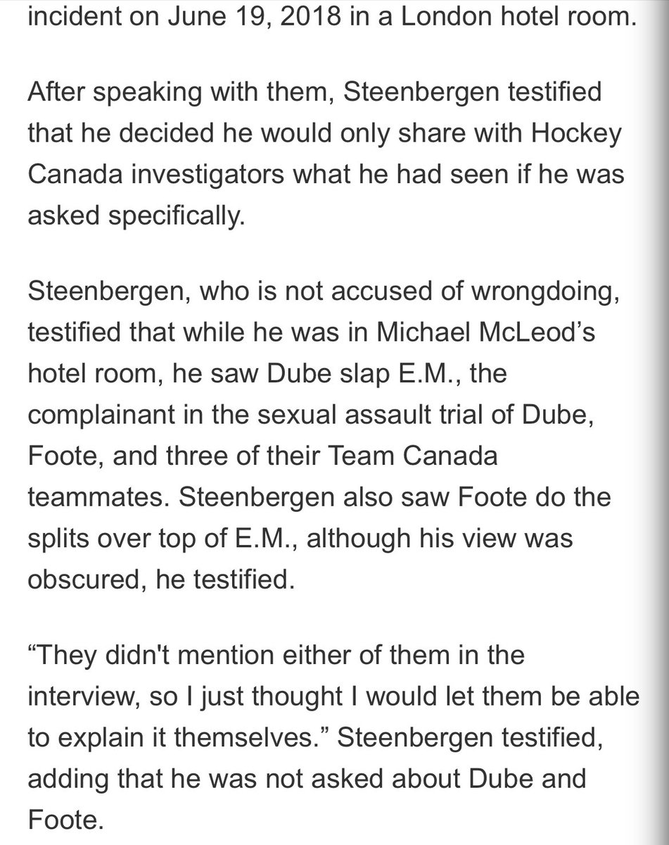 I’ll say it. This further shows the absolute incompetence of the investigators hired by Hockey Canada (Ghomeshi’s legal team). They failed EM, all those witnesses and this type of poor questioning.

And what an admission by Steenbergen that he failed as a human for the “bro code”