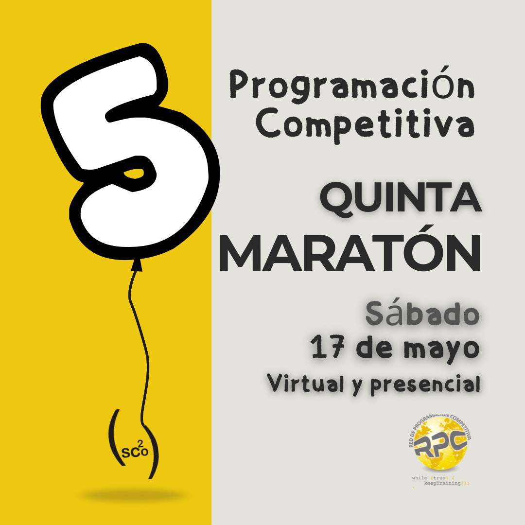 Sociedad Colombiana de Computación (@sco2_) on Twitter photo 🎯 ¡Prepárate para el UTP Open 2025!
🖥️ 5ta maratón del año de la Red de Programación Competitiva – RPC
📅 Sábado 17 de mayo
¡Inscripciones abiertas hasta el 16 de mayo a las 11:59 p.m.
Inscríbete: …gistro.redprogramacioncompetitiva.com
Escríbenos: mail@redprogramacioncompetitiva.com 🎯 ¡Prepárate para el UTP Open 2025!
🖥️ 5ta maratón del año de la Red de Programación Competitiva – RPC
📅 Sábado 17 de mayo
¡Inscripciones abiertas hasta el 16 de mayo a las 11:59 p.m.
Inscríbete: …gistro.redprogramacioncompetitiva.com
Escríbenos: mail@redprogramacioncompetitiva.com
