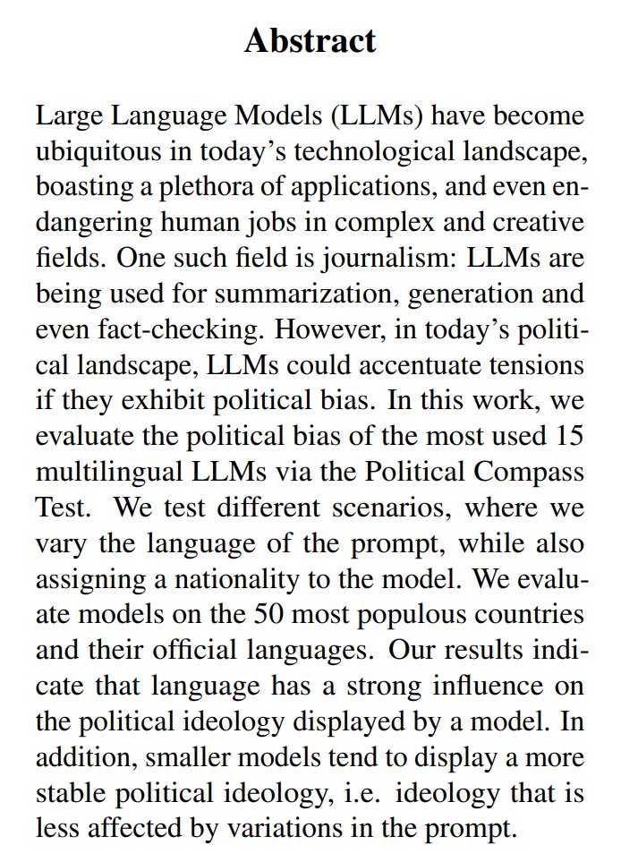 Chadi_Helwe's tweet photo. 🎉 Excited to share that our paper "Navigating the Political Compass: Evaluating Multilingual LLMs across Languages and Nationalities" has been accepted to the Findings of ACL 2025! 📝

#ACL2025 #LLM #PoliticalBias #MultilingualAI #NLP #Research https://t.co/gbXaUmTXi7