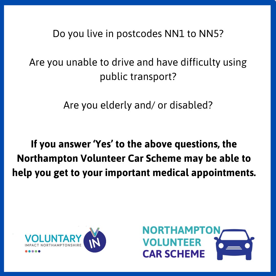 Vol Impact Northants (@voluntaryimpact) on Twitter photo Give us a ring on 01604 628234 or email: carscheme@voluntaryimpact.org.uk for more information.
Also, if you are a car driver, aged over 21 and have a free half day or more available, you could become a volunteer driver for the Northampton Volunteer Car Scheme. Give us a ring on 01604 628234 or email: carscheme@voluntaryimpact.org.uk for more information.
Also, if you are a car driver, aged over 21 and have a free half day or more available, you could become a volunteer driver for the Northampton Volunteer Car Scheme.