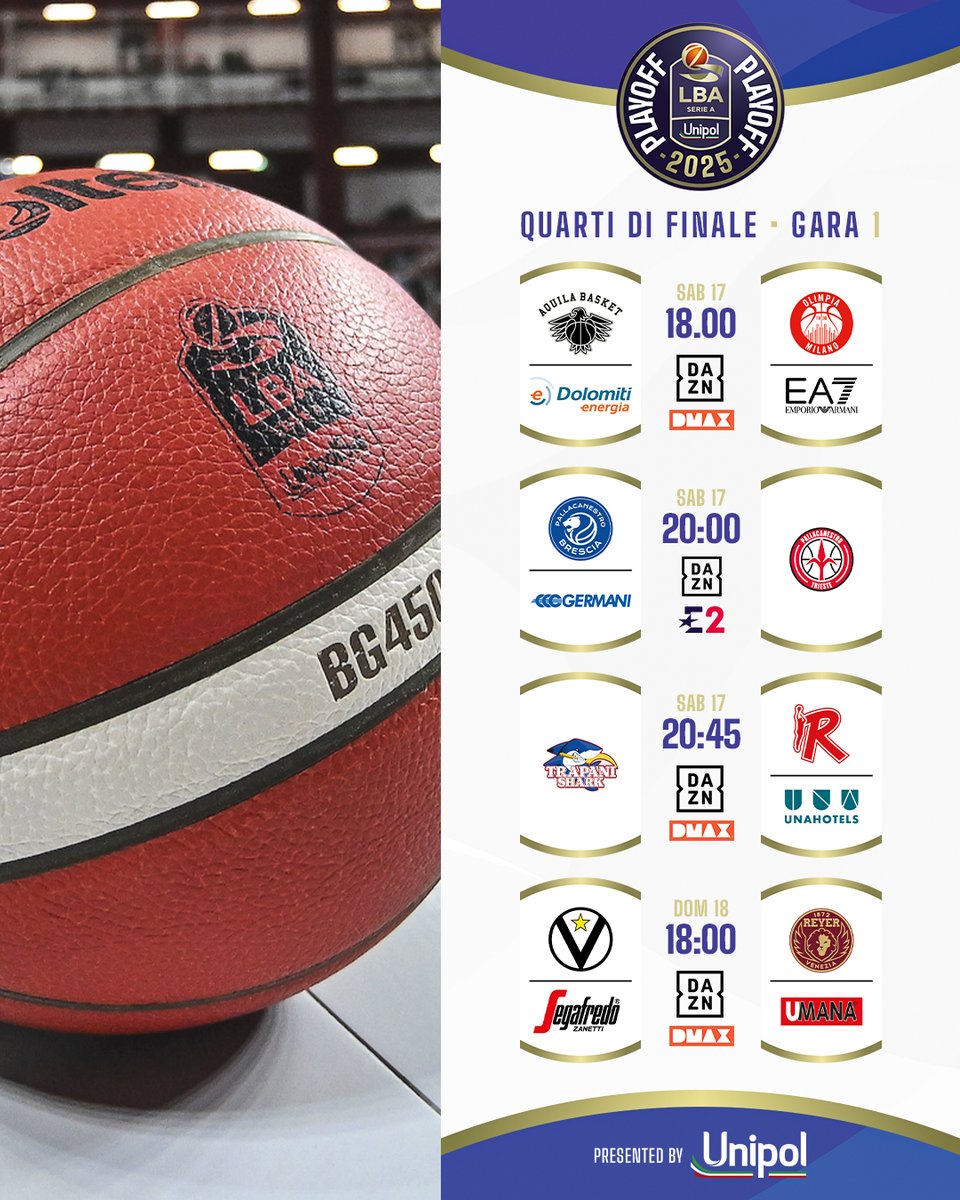 Lega Basket Serie A (@legabasketa) on Twitter photo ▶️ SI PARTE
Al via gli #LBAPlayoff <a href="/UnipolCorporate/">Unipol Corporate</a> 2025 🏆
Si parte con <a href="/AquilaBasketTN/">Dolomiti Energia Trento</a> 🆚 <a href="/OlimpiaMI1936/">Olimpia Milano</a>, chiude il programma delle Gare-1 il match tra <a href="/VirtusSegafredo/">Virtus Segafredo Bologna</a> e <a href="/REYER1872/">Reyer Venezia</a> 🏀
E tu, per che squadra farai il tifo ❓
#TuttoUnAltroSport ▶️ SI PARTE
Al via gli #LBAPlayoff <a href="/UnipolCorporate/">Unipol Corporate</a> 2025 🏆
Si parte con <a href="/AquilaBasketTN/">Dolomiti Energia Trento</a> 🆚 <a href="/OlimpiaMI1936/">Olimpia Milano</a>, chiude il programma delle Gare-1 il match tra <a href="/VirtusSegafredo/">Virtus Segafredo Bologna</a> e <a href="/REYER1872/">Reyer Venezia</a> 🏀
E tu, per che squadra farai il tifo ❓
#TuttoUnAltroSport