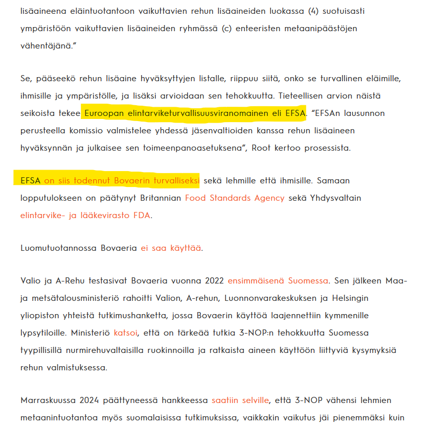 SamiAntinniemi's tweet photo. Bovaer ja @Faktabaari 

Faktabaarin artikkelissa Bovaerista mainitaan, että EFSA on todennut tuotteen turvalliseksi.
Linkki vie tieteelliseen mielipidetekstiin, josta käy ilmi, ettei genotoksisuutta tiedetä mutta onpa silti turvalliseksi julistettu. 
Kun ei tarkkaan tiedetä, niin voihan se olla turvallinen.

Eli turvallisuusketju menee näin: 

Komissio tilaa sopivan tieteellisen mielipiteen, ei siis tutkimusta, ja tämän perusteella annetaan luvat ja samaan vedotaan "faktantarkistuksessa."

Ja media sanoo - faktat on tarkistettu. Eikä sen jälkeen päättäjä uskalla sanoa vastaan paitsi onneksi @hirvelanjuho 

Samaan tapaan toimii nykyään oikeastaan kaikki ns. tiede™️

https://t.co/8oacoR7M6U