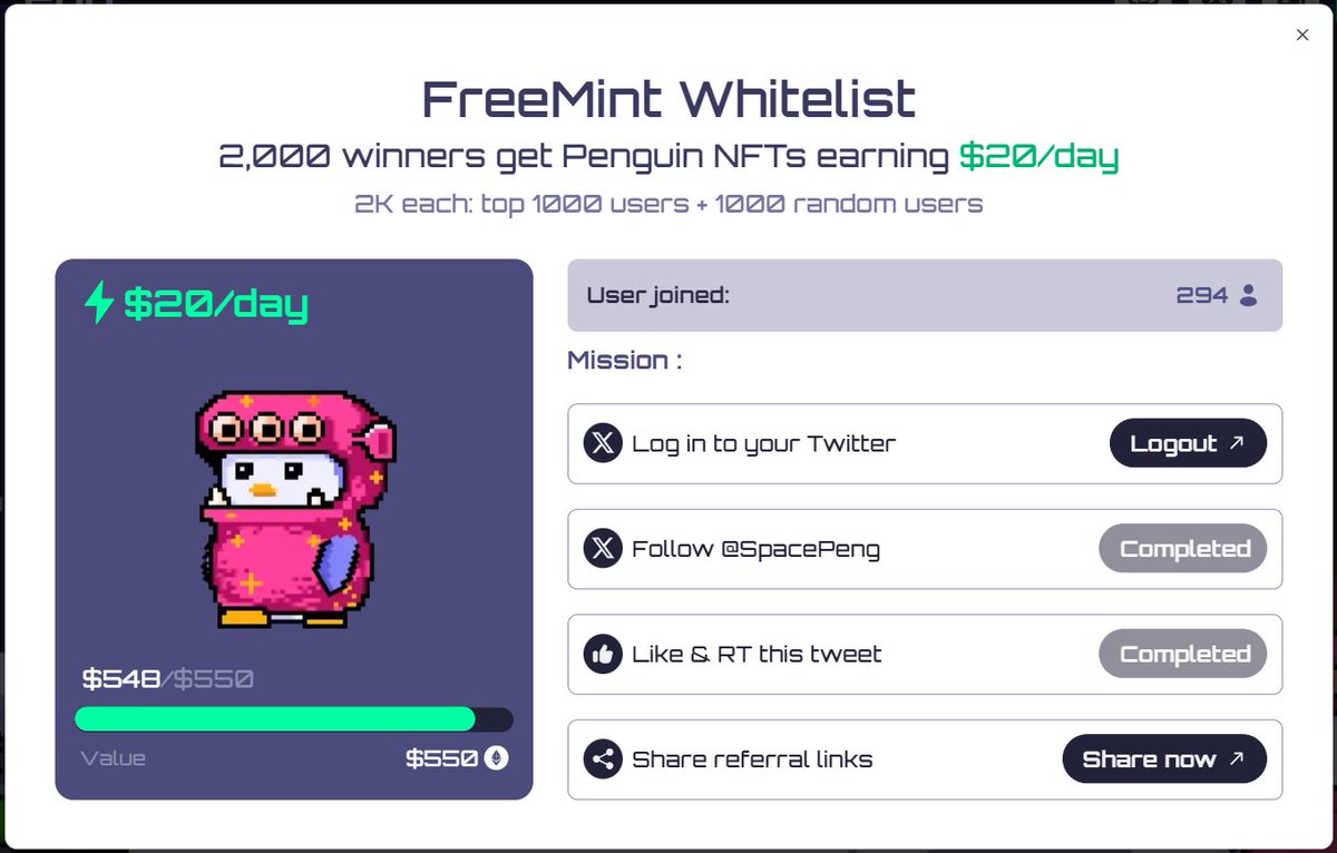 抽3个space peng免费 NFT白单

Gacha Penguins 正在重塑 GameFi 玩法：使用代币召唤企鹅；99% 的代币支出会被销毁，仅 1% 进入国库，完成通缩，持有NFT据说可赚$20u

【要求】
1⃣ 关注 <a href="/space_peng/">Space Peng</a> + <a href="/hualun/"></a>
2⃣点赞转发+评论

space peng NFT白单仅2000个，即将上线abs链上游戏