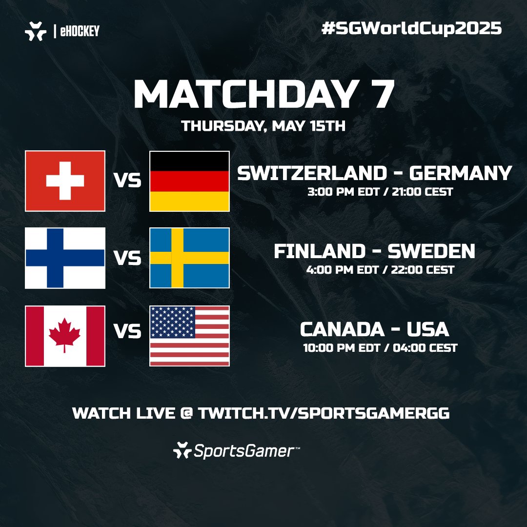 SportsGamer (@sportsgamergg) on Twitter photo ๐ฏ Itโs time for Matchday 7 of the #SGWorldCup2025!
Three massive rivalries and a thrilling night of international #eHockey!
๐บ Watch LIVE: twitch.tv/SportsGamerGG
๐ 21:00 CEST โ Switzerland ๐จ๐ญ vs Germany ๐ฉ๐ช
๐ 22:00 CEST โ Finland ๐ซ๐ฎ vs Sweden ๐ธ๐ช
๐ 04:00 CEST โ Canada ๐จ๐ฆ vs ๐ฏ Itโs time for Matchday 7 of the #SGWorldCup2025!
Three massive rivalries and a thrilling night of international #eHockey!
๐บ Watch LIVE: twitch.tv/SportsGamerGG
๐ 21:00 CEST โ Switzerland ๐จ๐ญ vs Germany ๐ฉ๐ช
๐ 22:00 CEST โ Finland ๐ซ๐ฎ vs Sweden ๐ธ๐ช
๐ 04:00 CEST โ Canada ๐จ๐ฆ vs