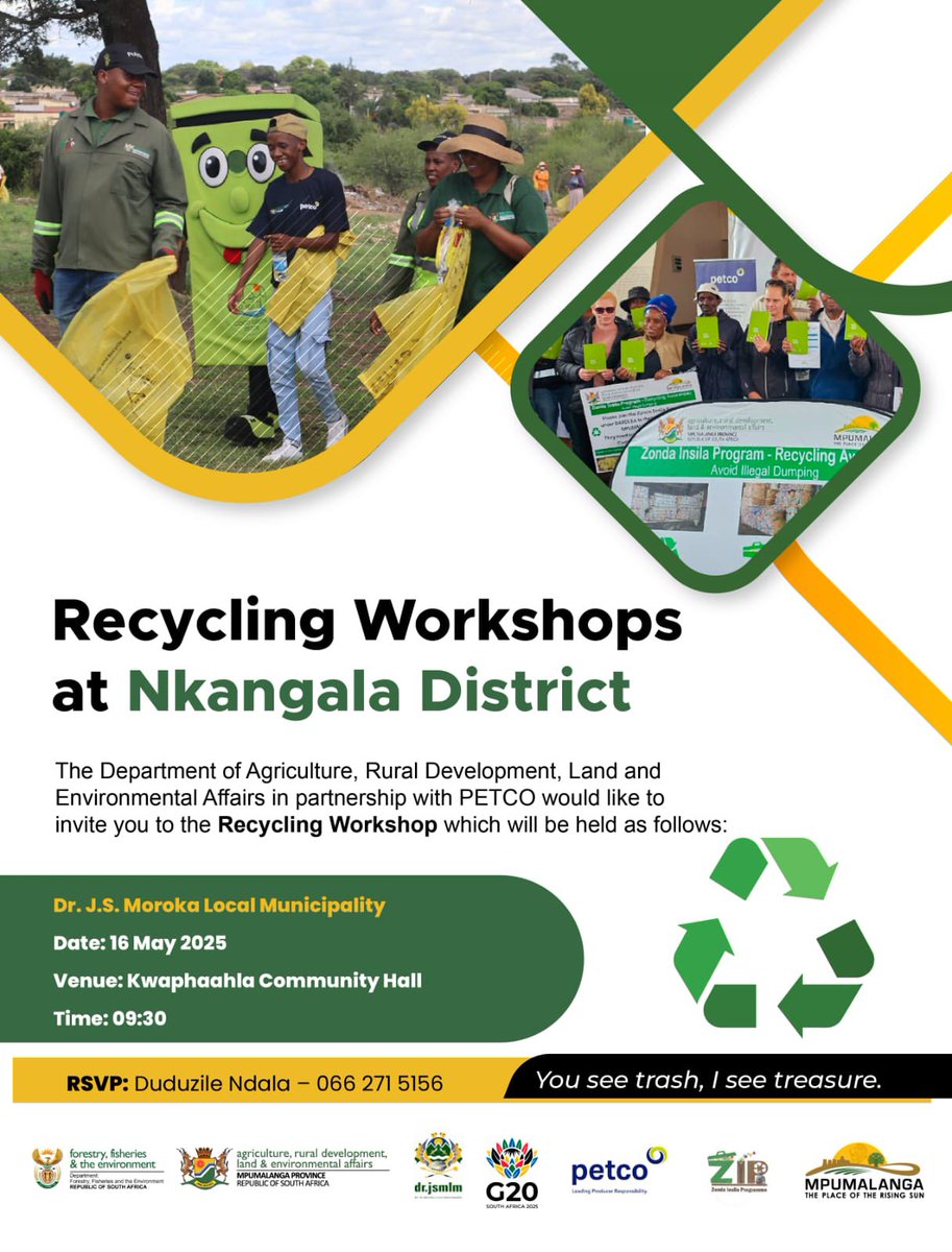 The DARDLEA is hosting a series of Recycling Workshops in collaboration with PETCO and national Department of Forestry, Fisheries and the Environment on the 16th of May 2025(Tomorrow) <a href="/Ga/">General Assembly</a>-Phaahla Community Hall.

#GovZAUpdates
#g20summit2025
#LeaveNoOneBehind
#recycling