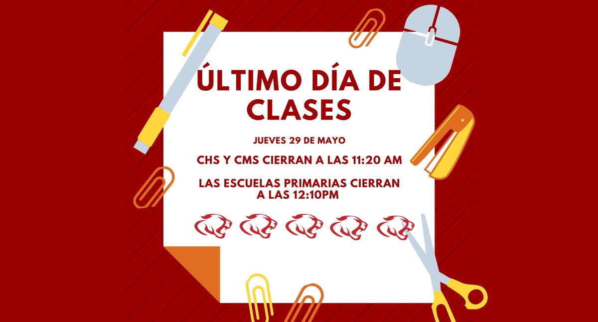 El último día del ciclo escolar 2024-25 en Crosby ISD será el jueves 29 de mayo.

Las escuelas secundarias y preparatorias despiden a los estudiantes a las 11:20am.

Las escuelas primarias despiden a los estudiantes a las 12:10pm.

#comprometidosconlaexcelencia