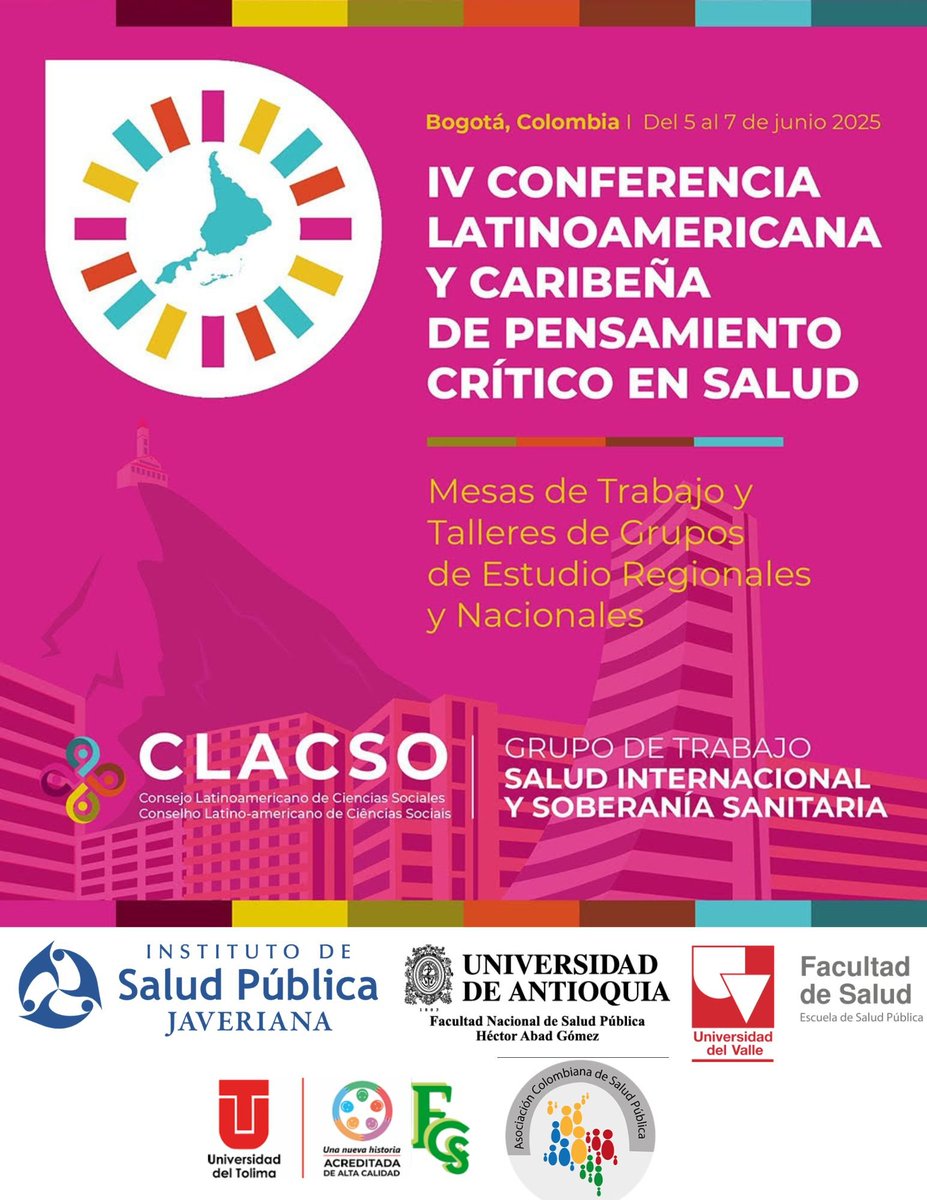ISC RFP - LAC (@isc_lac) on Twitter photo Conferencia CLACSO #Colombia2025, la plataforma regional de Salud Internacional y SoberanĂa Sanitaria de CLACSO te invita a su IV Conferencia Latinoamericana Caribeña de Pensamiento CrĂtico en Salud del 5 al 7 de Junio del 2025.
conferenciaclacso.org/inscripcion_as…
pensamientocriticoensalud.org Conferencia CLACSO #Colombia2025, la plataforma regional de Salud Internacional y SoberanĂa Sanitaria de CLACSO te invita a su IV Conferencia Latinoamericana Caribeña de Pensamiento CrĂtico en Salud del 5 al 7 de Junio del 2025.
conferenciaclacso.org/inscripcion_as…
pensamientocriticoensalud.org