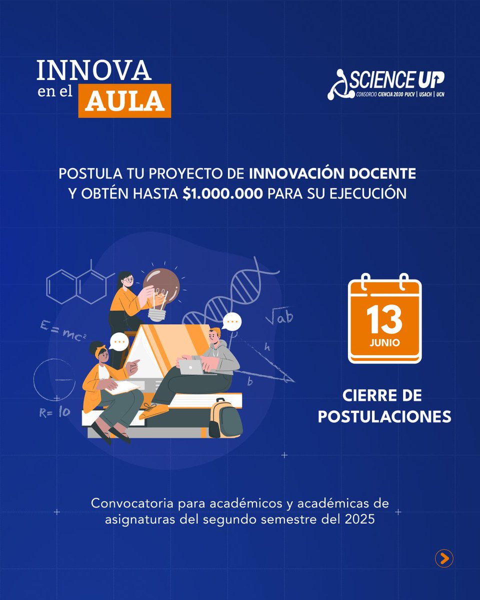 Implementa una innovación en tu sala de clases con el apoyo de Science Up 👏
Postula al Programa Innova en el Aula completando el siguiente formulario: rebrand.ly/Postulaciones_…

#scienceup #ciencia2030
