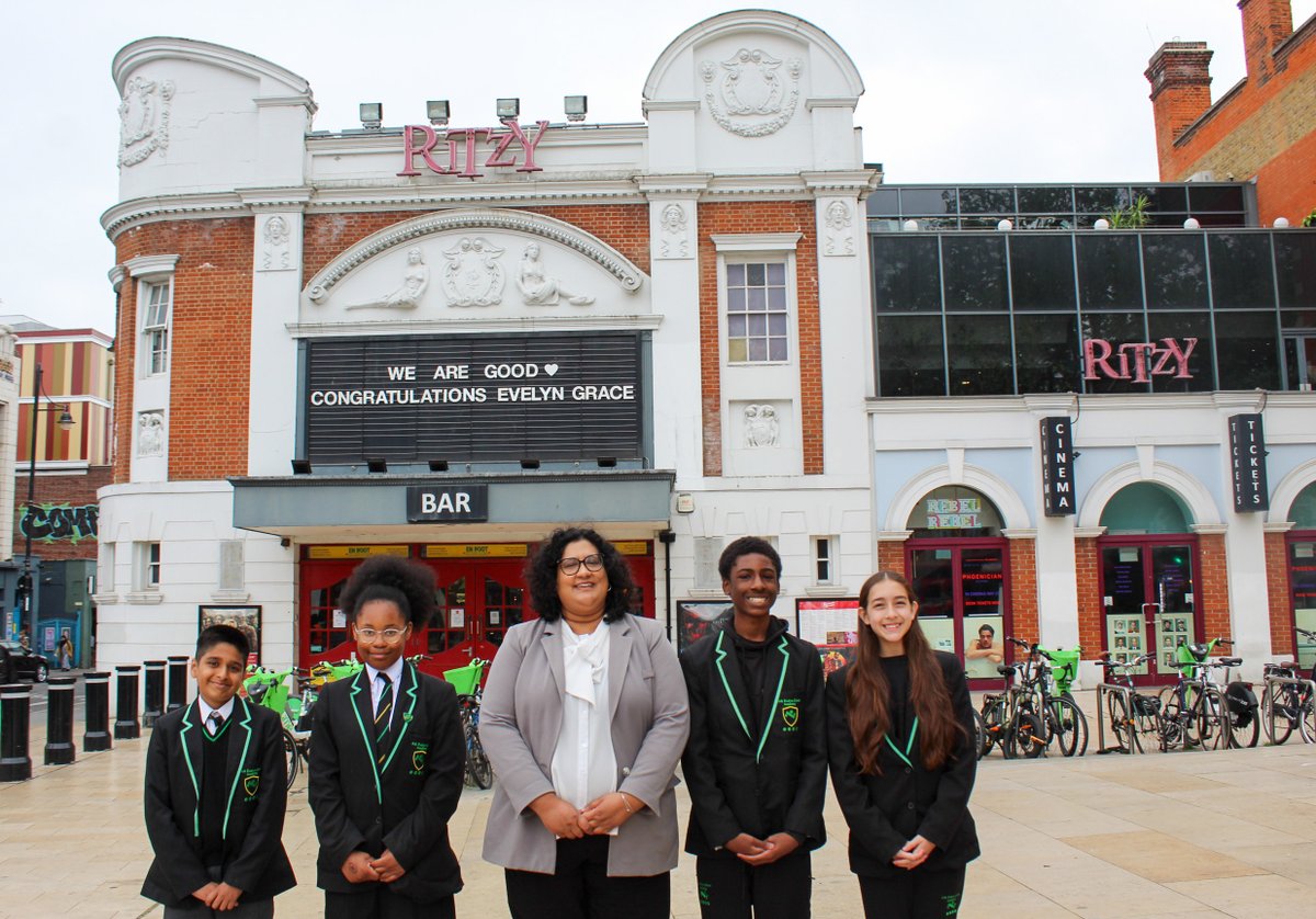 ArkEvelynGrace's tweet photo. Today we’re celebrating our Ofsted Good Overall in true Brixton style 🎉🌟 with a message at the iconic Ritzy Cinema! @RitzyCinema 

Proud to share this moment with our community 💚 Tag us if you spot it.

@ArkSchools #ProudToBeEGA https://t.co/oU8OPQxo8z