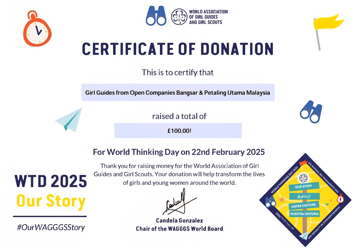PUBangsarGGOC's tweet photo. We are awed to receive this Certificate of Donation from Candela, Chair of the World Association of Girl Guides and Girl Scouts @wagggsworld World Board! If you haven't donated, it's not too late to do so!  Visit https://t.co/GVANgcurwr to find out more #WTD2025 #OurWAGGGSStory https://t.co/ToEcc6GQmP