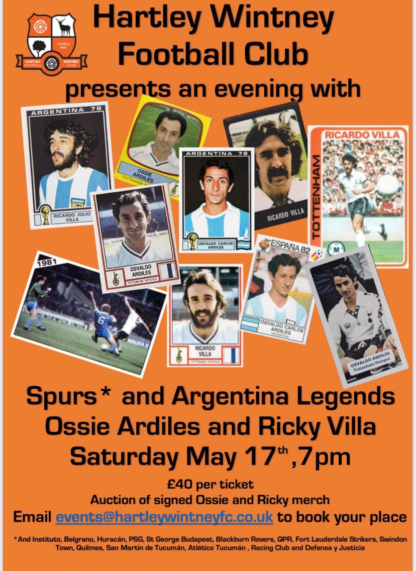 HartleyFC's tweet photo. This Saturday night we welcome both Ossie &amp; Ricky - two of Tottenham Hotspur’s &amp; the English game’s most iconic players - to The Memorial Ground for what will be an unforgettable evening.
May 17th. One night, two legends.

To book your place email events@hartleywintneyfc.co.uk https://t.co/8X2fCEW0uo