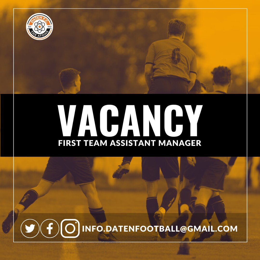 Daten Football Club (@datenfc) on Twitter photo 🚨Vacancy🚨
We are looking to add a first team coach to work alongside the current management team set up at Charnock Road.
Any interested parties should contact info.datenfootball@gmail.com or send a DM for more information.
UTA⚛️ 🚨Vacancy🚨
We are looking to add a first team coach to work alongside the current management team set up at Charnock Road.
Any interested parties should contact info.datenfootball@gmail.com or send a DM for more information.
UTA⚛️