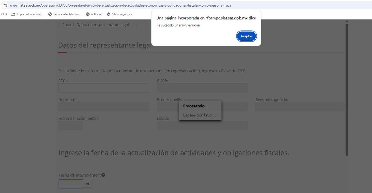 pichosg's tweet photo. Tu página sigue fallando mucho @SATMX, imposible entrar al buzón tributario y hacer actualización de obligaciones, cuando intento seleccionar la fecha me da este error, ya cambié de explorador y borre cookies etc etc, como se soluciona? https://t.co/LmMu17KRly