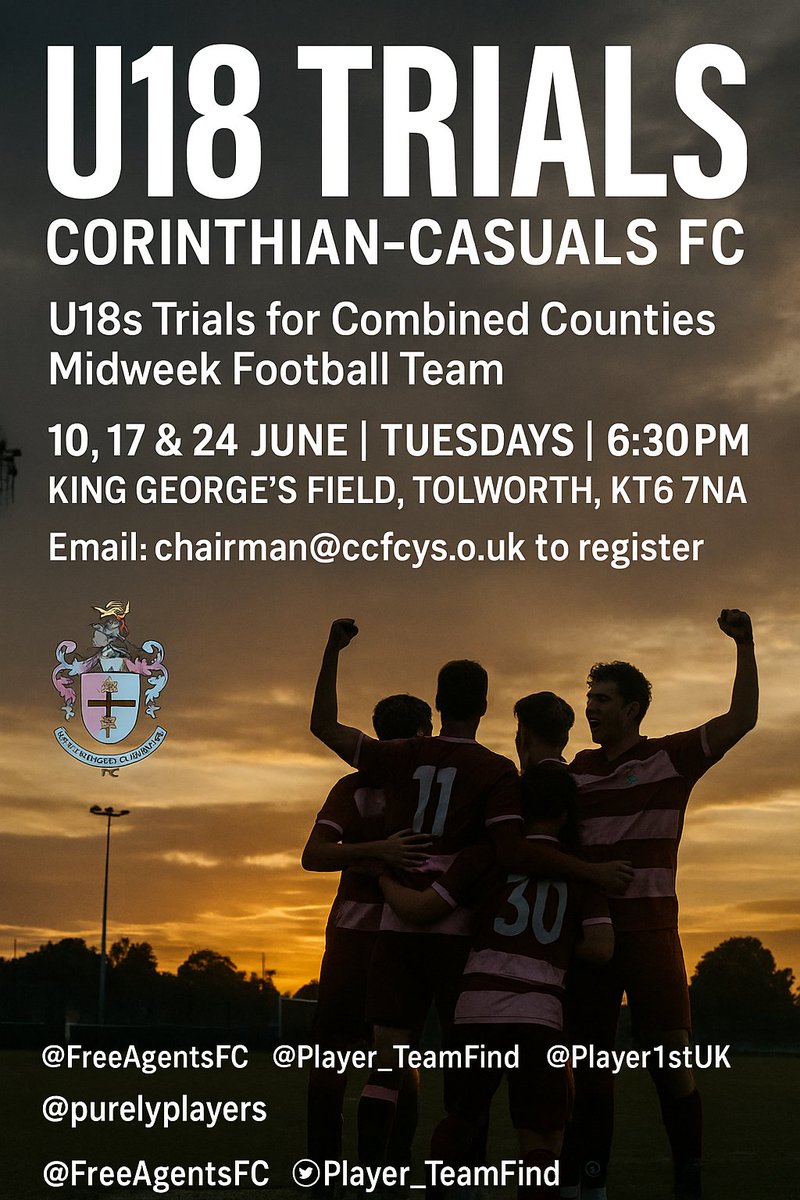 GI-UK (@ghaniindus) on Twitter photo Trial Dates:
10th, 17th & 24th June | Tuesdays | 6:30 PM
Location: King George’s Field, Tolworth, KT6 7NA
Contact to register: chairman@ccfcys.co.uk
Tagging the fantastic football network:
<a href="/FreeAgentsFC/">Free Agent Showcase</a> <a href="/Player_TeamFind/">Player/TeamFinder</a> <a href="/Player1stUK/">Players 1st UK</a>
Let’s build futures together!
<a href="/tomtaylorcoach/">Tom Taylor</a> Trial Dates:
10th, 17th & 24th June | Tuesdays | 6:30 PM
Location: King George’s Field, Tolworth, KT6 7NA
Contact to register: chairman@ccfcys.co.uk
Tagging the fantastic football network:
<a href="/FreeAgentsFC/">Free Agent Showcase</a> <a href="/Player_TeamFind/">Player/TeamFinder</a> <a href="/Player1stUK/">Players 1st UK</a>
Let’s build futures together!
<a href="/tomtaylorcoach/">Tom Taylor</a>