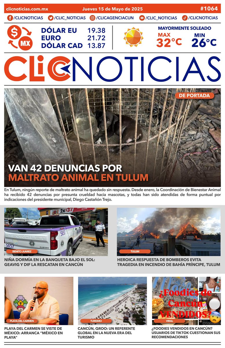 Infórmate ‼️ La portada en un CLIC📰👆🏻
🗓️Jueves, 15 de mayo del 2025 
🌐clicnoticias.com.mx
#LalnformaciónEnUnClic #ClicNoticias
#news #QuintanaRoo #buenosdías #cancún
#goodmorning #QuintanaRoo #ClicNoticias
clicnoticias.com.mx