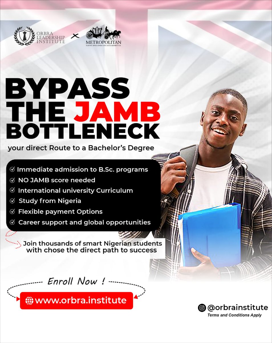 orbraleadership's tweet photo. Skip the JAMB bottle neck and start your degree immediately. 
You can study from Nigeria and still earn internationally recognized degrees at a fraction of the cost and time. Visit our website for more information on how you can start! https://t.co/mbMcEkcQwZ