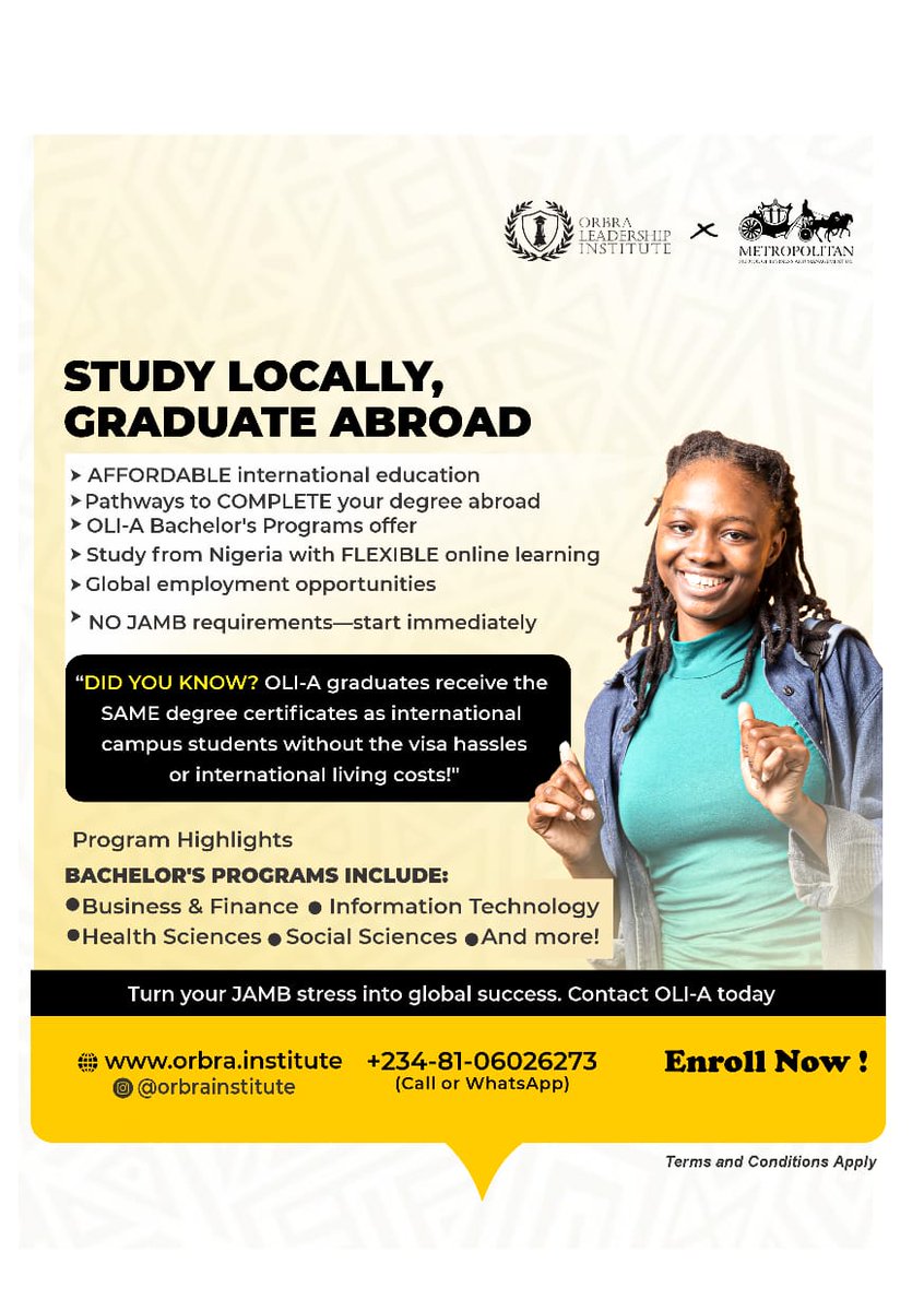 orbraleadership's tweet photo. Skip the JAMB bottle neck and start your degree immediately. 
You can study from Nigeria and still earn internationally recognized degrees at a fraction of the cost and time. Visit our website for more information on how you can start! https://t.co/mbMcEkcQwZ