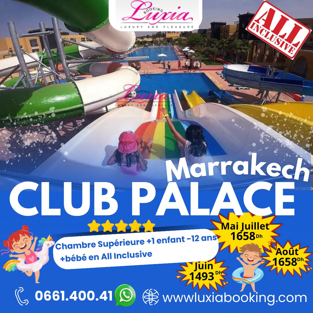 LUXIABOOKING's tweet photo. 🏨 Séjour 5★ All Inclusive à Marrakech !
 Offres dès 1493 DH pour toute la famille 🤩
 ✅ 1  enfant gratuit
 📅 Mai à Août 2025
 🔗 https://t.co/pUok20GBwV
 #Marrakech #Vacances2025 #HotelsDeal #LuxiaBooking #AllInclusive https://t.co/unm1FHwENt