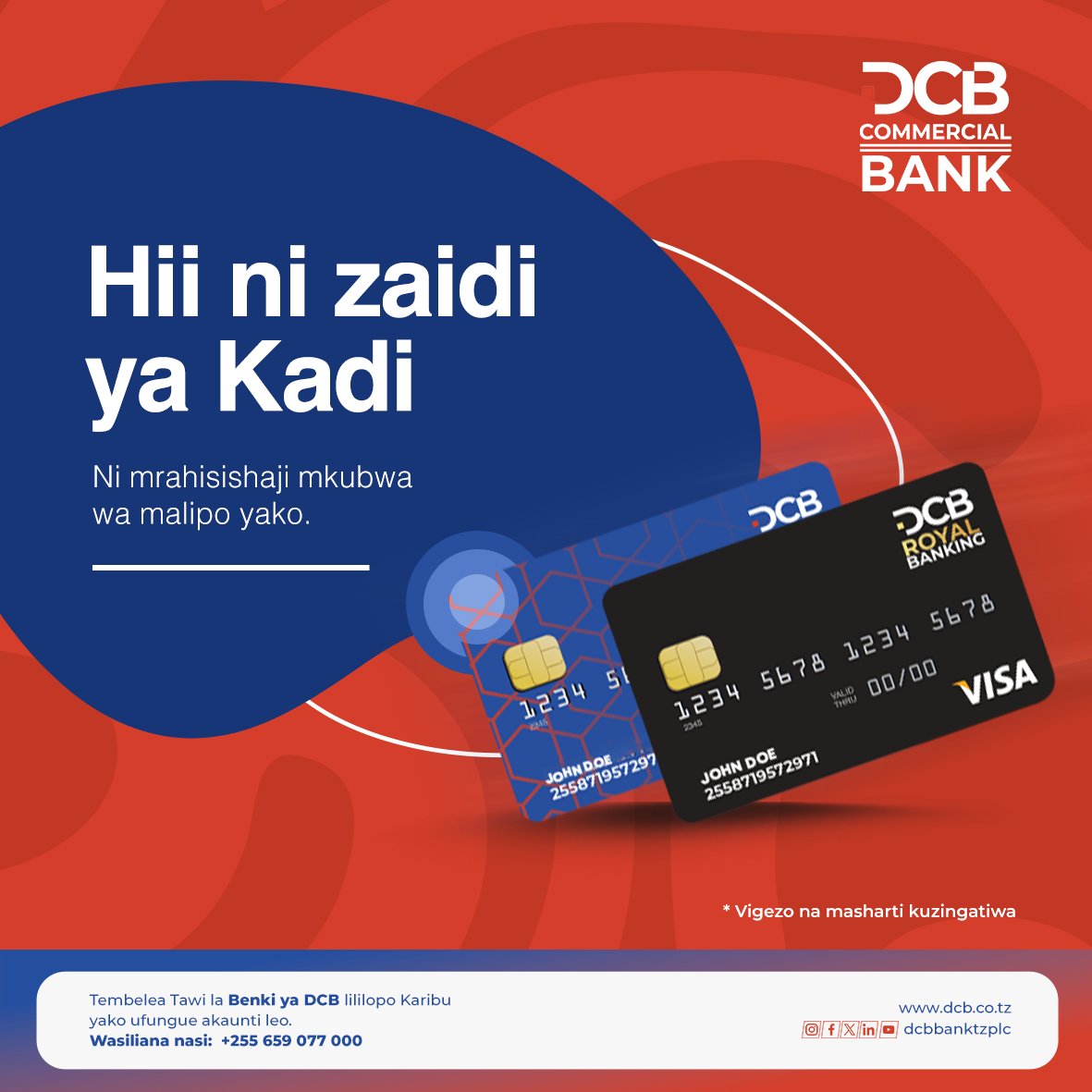 Hii siyo tu Kadi  Ni Ufunguo wa Maisha Rahisi ya Kifedha

DCB Benki inakupa kadi za kisasa zinazokuwezesha kufanya malipo haraka, salama, na bila usumbufu popote ulipo, muda wowote. Iwe ni kufanya manunuzi, kutoa pesa kwenye ATM, au kufanya miamala ya mtandaoni.