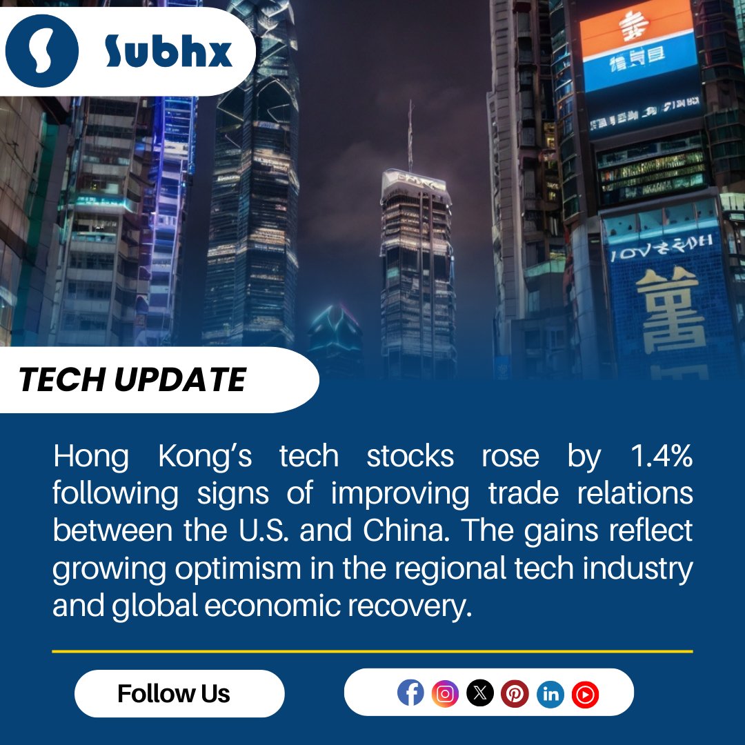 subhxinfotech's tweet image. Hong Kong’s tech stocks rose by 1.4% following signs of improving trade relations between the U.S. and China. The gains reflect growing optimism in the regional tech industry and global economic recovery.
#HongKongTech #TradeRelations #StockRecovery #GlobalMarkets