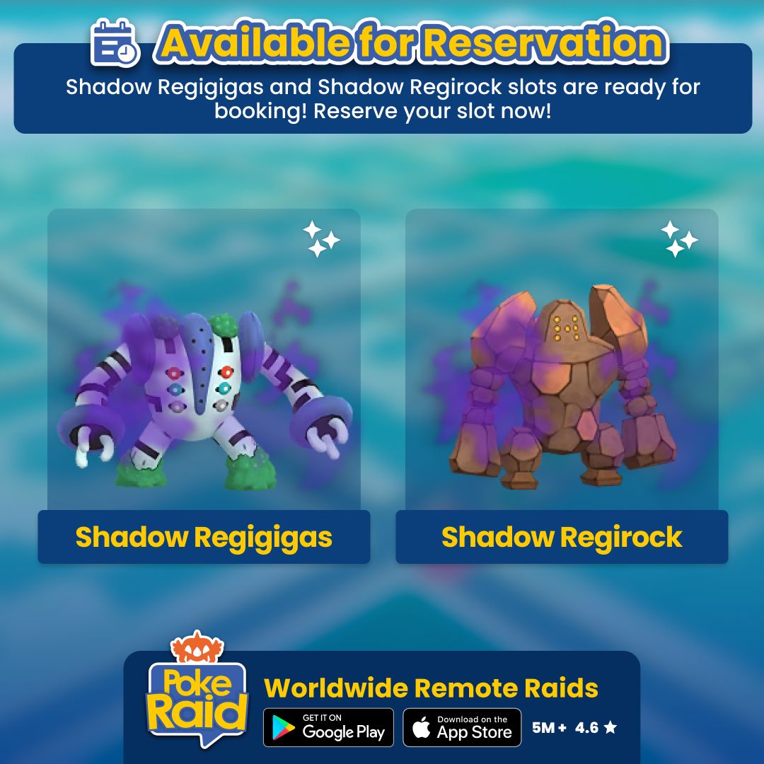 PokeRaidApp's tweet photo. #ShadowRegigigas and #ShadowRegirock slots are now available for reservation. Visit the "Bookings" tab on the #PokeRaidApp to book your slot now! Check out how room reservation works:
https://t.co/CTRILqWYze
Find #PokemonGOfriends easily with PokeRaid!
#Regirock #Regigigas https://t.co/4wehIiEFv7