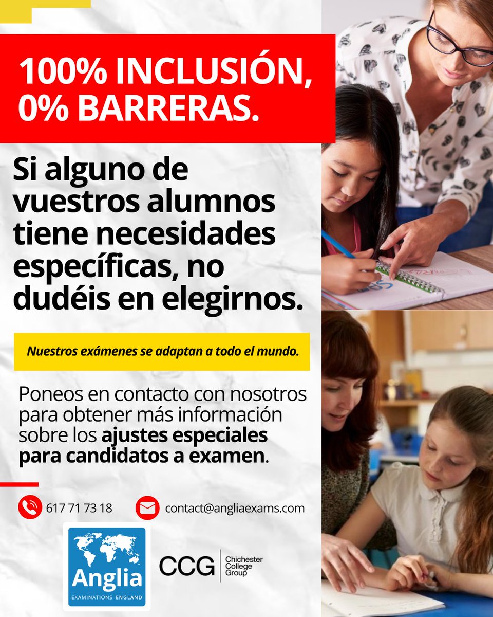 AngliaSpain's tweet photo. 🔓 Abrimos puertas, no las cerramos.
Si vuestros alumnos necesitan un enfoque adaptado, estamos aquí para apoyaros.
🟡 Exámenes accesibles con ajustes especiales para quien lo necesite.

#angliaexams #betterwithanglia #ConAngliaEsMejor #inclusion #nobarreras https://t.co/ovuP16DX9x