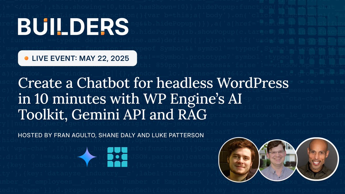 WP Engine Builders (@wpebuilders) on Twitter photo A reminder that a week from now, <a href="/fran_the_dev/">Fran Agulto🧗🏽♂️🤓 ⚛️</a> , <a href="/lapatte31/">Luke Patterson</a>, and Shane Daly are going to create a chatbot in headless WP with the <a href="/GeminiApp/">Google Gemini App</a> and possibly break the world record for speed coding!
Save your seat here!
wpeng.in/chatbot-wpengi… A reminder that a week from now, <a href="/fran_the_dev/">Fran Agulto🧗🏽♂️🤓 ⚛️</a> , <a href="/lapatte31/">Luke Patterson</a>, and Shane Daly are going to create a chatbot in headless WP with the <a href="/GeminiApp/">Google Gemini App</a> and possibly break the world record for speed coding!
Save your seat here!
wpeng.in/chatbot-wpengi…