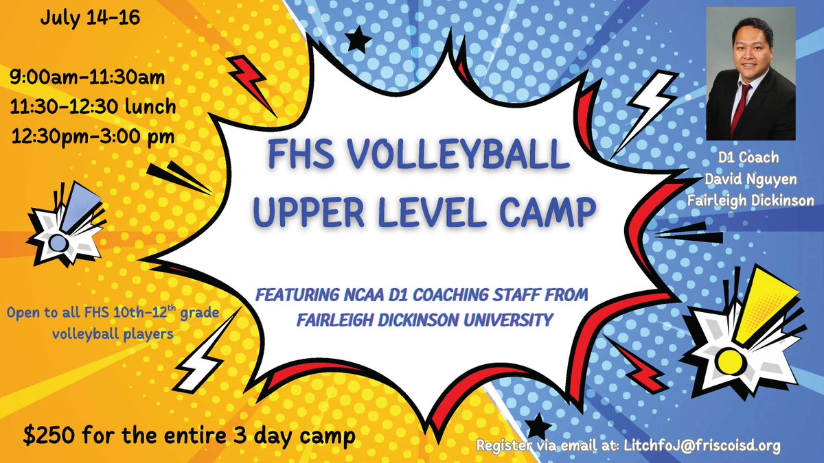 Frisco High School Volleyball (@friscohighvball) on Twitter photo All incoming 10th-12th grade Frisco High School volleyball players - you are highly encouraged to come to the Upper Level Camp this summer from July 14-16! New this year is the addition of NCAA D1 Coaching from Coach David Nguyen. Please email LitchfoJ@friscoisd.org to get the All incoming 10th-12th grade Frisco High School volleyball players - you are highly encouraged to come to the Upper Level Camp this summer from July 14-16! New this year is the addition of NCAA D1 Coaching from Coach David Nguyen. Please email LitchfoJ@friscoisd.org to get the