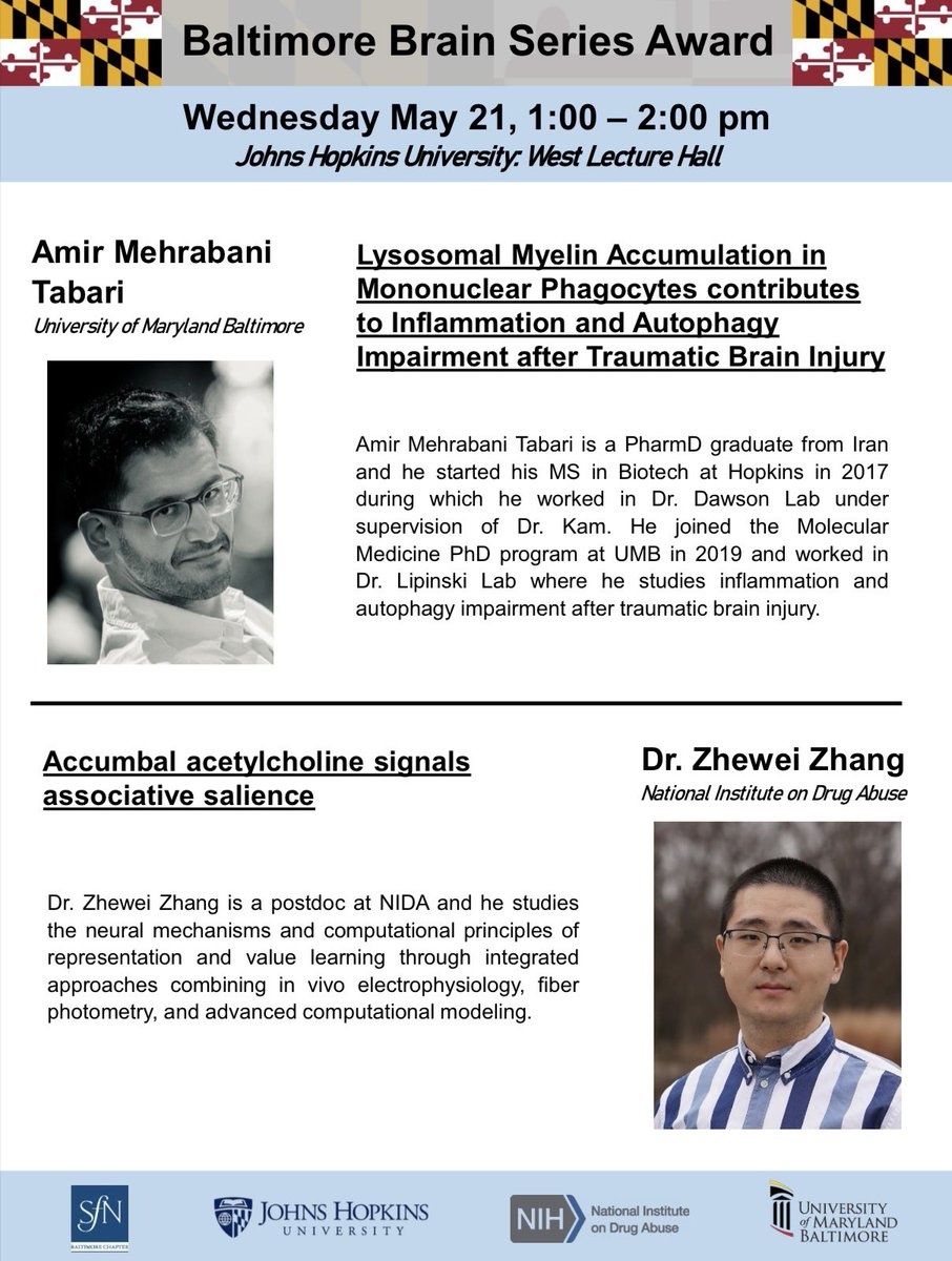 BaltimoreBrainSeries (@bmorebrainy) on Twitter photo Join us next Wednesday from 1:00-2:00 at JHU for the final Baltimore Brain Series seminar of the semester! Awardees Dr. Zhewei Zhang from NIDA and Dr. Amir Mehrabani Tabari from UMB will present their exciting work. Zoom link provided upon request! <a href="/JohnsHopkins/">Johns Hopkins University</a> <a href="/HopkinsNeuro/">Hopkins Neuroscience</a> Join us next Wednesday from 1:00-2:00 at JHU for the final Baltimore Brain Series seminar of the semester! Awardees Dr. Zhewei Zhang from NIDA and Dr. Amir Mehrabani Tabari from UMB will present their exciting work. Zoom link provided upon request! <a href="/JohnsHopkins/">Johns Hopkins University</a> <a href="/HopkinsNeuro/">Hopkins Neuroscience</a>