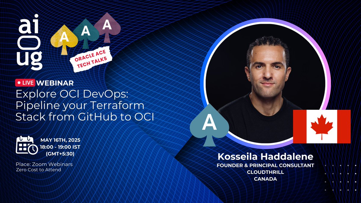 AIOUG's tweet photo. ๐ Webinar Alert โ Supercharge Your Terraform Pipelines with OCI DevOps! ๐งโ๏ธ
Have you heard of OCI DevOps? If youโre familiar with Azure DevOps, itโs time to discover Oracleโs native CI/CD platformโbuilt in and for OCI!
Join us for an exciting session:
๐ฏ Explore OCI DevOps: Pipeline your Terraform Stack from GitHub to OCI
๐ In this hands-on webinar, weโll cover:
โ
Why OCI DevOps is a powerful alternative for CI/CD on Oracle Cloud
โ
How to connect your GitHub/GitLab repositories to OCI
โ
Core OCI DevOps concepts: artifacts, build runners, and automation
โ
A live demo: Watch a full n-tier Terraform configuration go from GitHub to live deployment on OCIโreliable, fast, and secure!
๐ค Speaker: Kosseila @CloudDude_ โ Oracle ACE, Solutions Architect at CloudThrill, and Co-President of the Toronto Oracle User Group. With 17+ years of experience across cloud, DevOps, and AI platforms, he brings a multicloud, automation-first mindset that you donโt want to miss!
๐
Save your spot and see OCI DevOps in action: https://t.co/BXNssiVc4s
#OracleCloud #OCI #DevOps #Terraform #GitHub #CloudNative #CI/CD #Automation #Multicloud #OracleACE #InfrastructureAsCode #CloudThrill
@Oracle @oracleugs @oracleace @OracleDevs @oracledevcomm @OracleDatabase
#ACETechTalks #aioug #Oracle #Community #CloudCommunity #TechConference #OracleCommunity