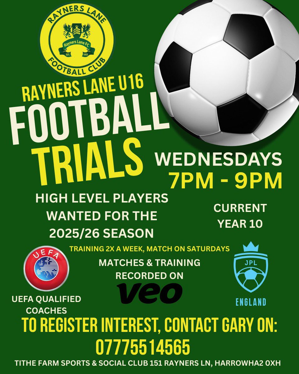 After the success of our U16’s this season. We are already looking to add to our squad for next season.#jpl #raynerslane 💛💚