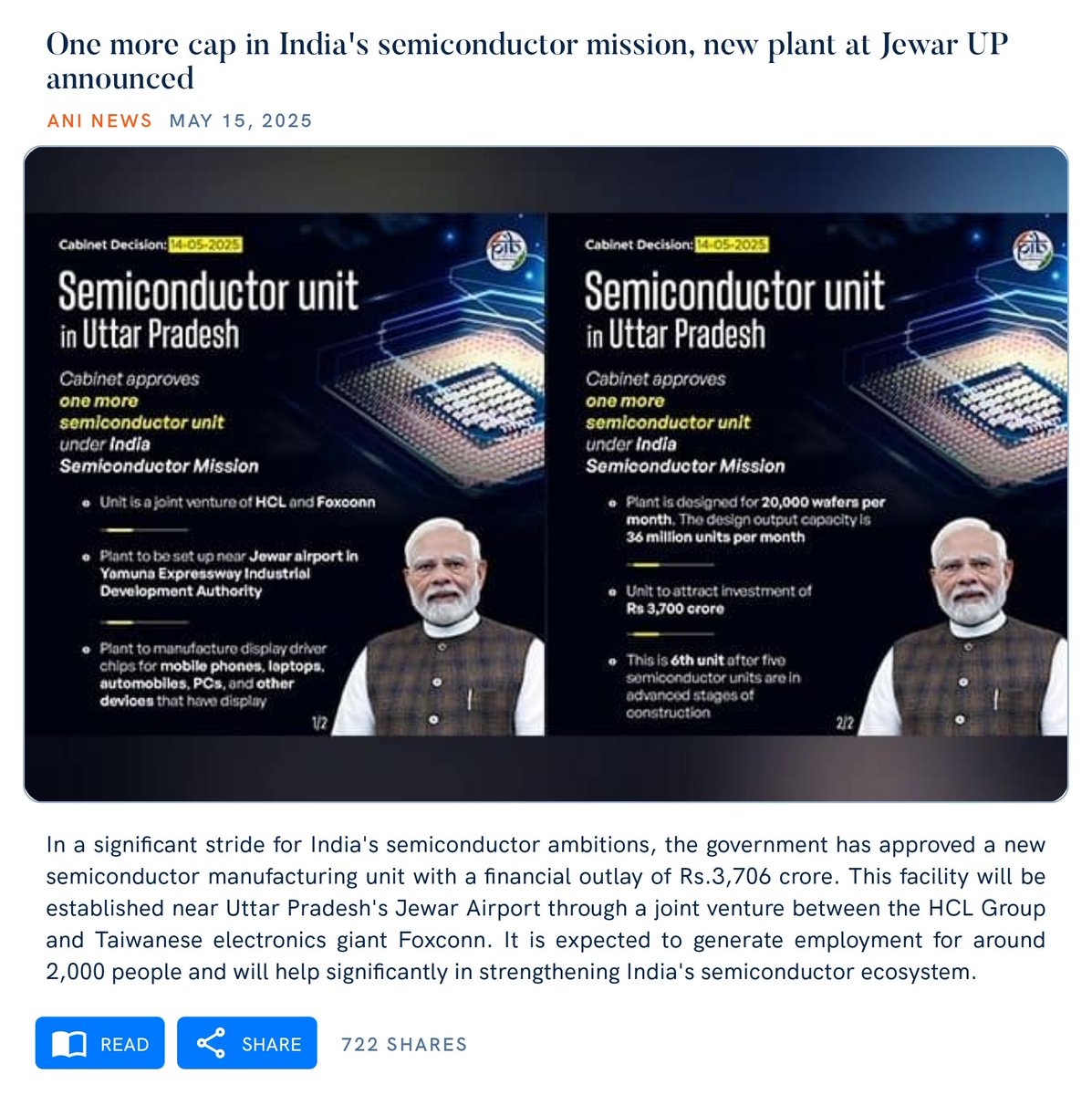 singhomshiv's tweet photo. One more cap in India's semiconductor mission, new plant at Jewar UP announced
https://t.co/zUUc0bIYJo

via NaMo App https://t.co/hR8SgUGWRN