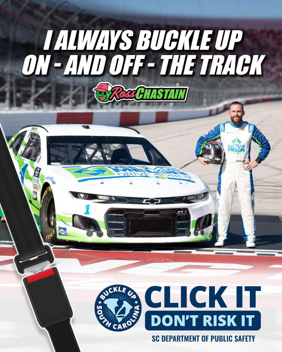 theSCDPS's tweet photo. Professional NASCAR driver Ross Chastain takes safety very seriously. That's why he wears his seatbelt both on and off the track. Because the best win is getting home safe.
So remember - Buckle Up, South Carolina. Click it. Don't risk it.
#BuckleUpSC #clickitdontriskit https://t.co/q6EqlMyQhQ