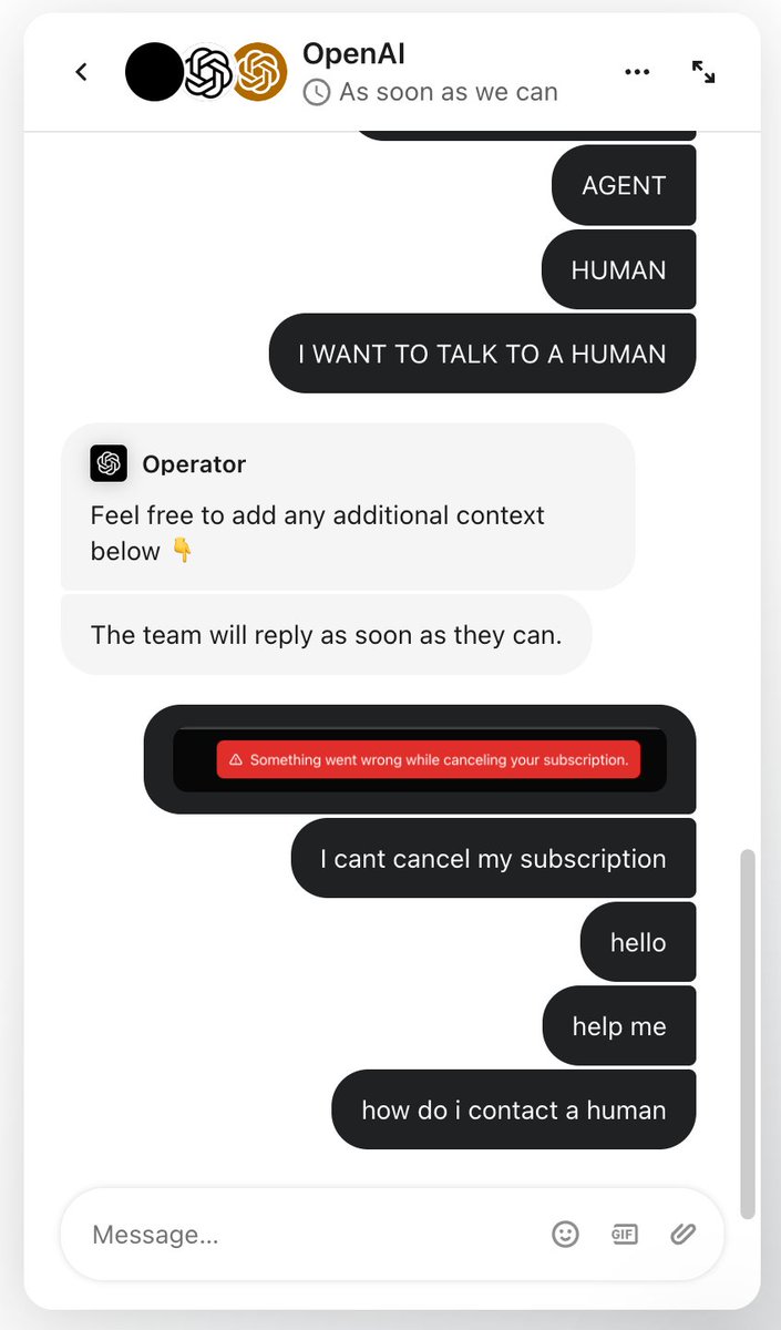kenanali's tweet photo. For all of the money OpenAI invests, they can't even get their support chat to work... @sama @OpenAI @ChatGPTapp https://t.co/laxSDSBqHK