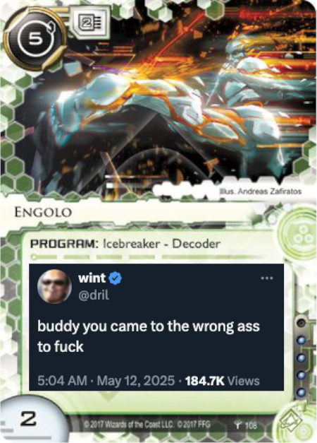 drilrunner's tweet photo. little known fact: engolo is pictured destroying the admin of this account (me) for missing last week [Engolo] [Netrunner] https://t.co/EAznStsth1